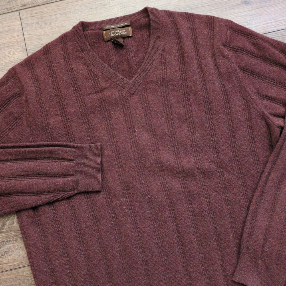 Tasso Elba 100% Fine Cashmere Sweater‎ Burgundy Red Ribbed V-Neck Large